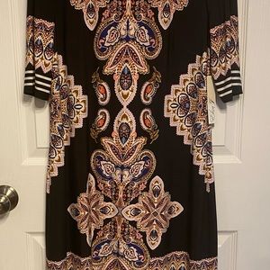 Eliza J black midi dress with multi color design.